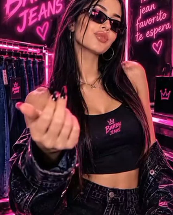 Modelo con top Barby Jeans en el local iluminado con luces de neón rosa